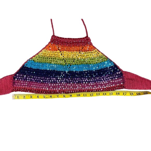 Crochet Halter Top  Girls OSFM  Rainbow Sequin Front  #Boho #Festival #Hippie - Picture 7 of 10